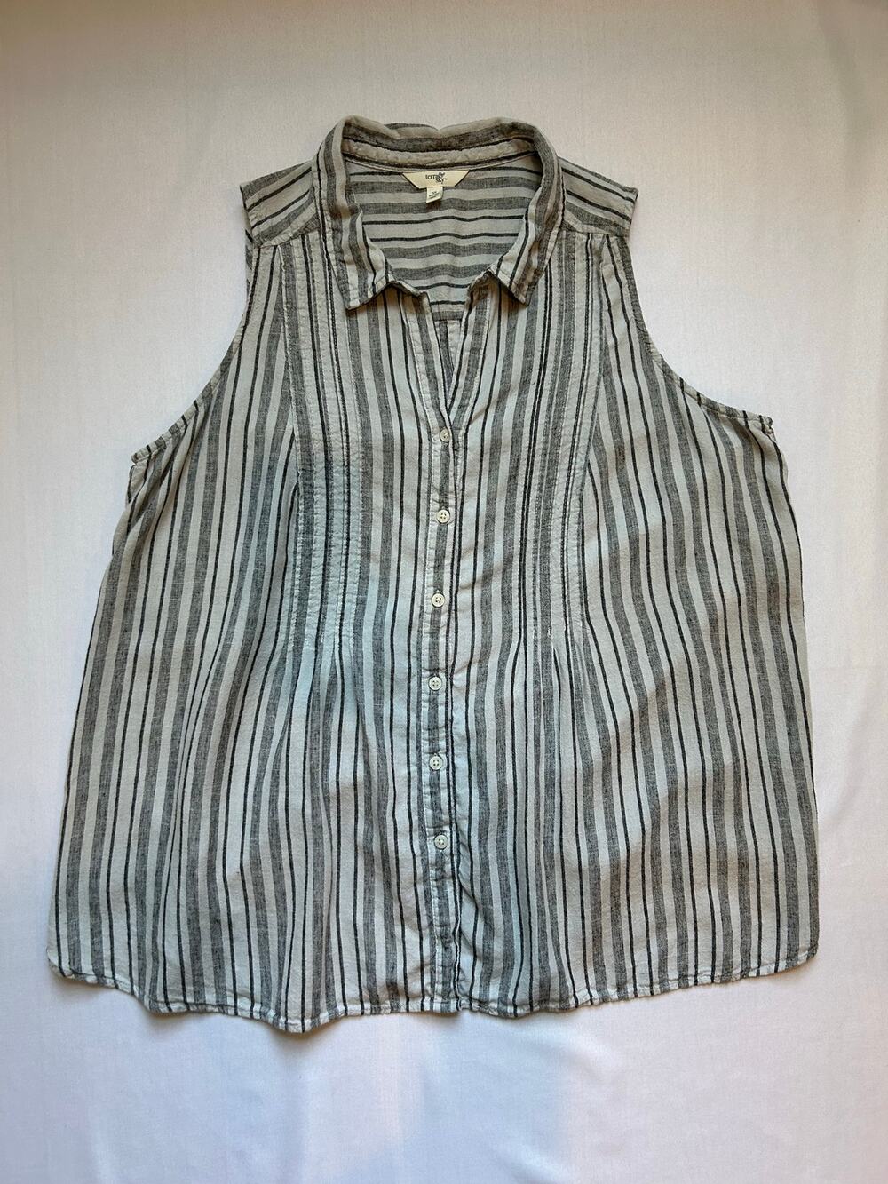 Terra & Sky Linen Blend Button-Up Sleeveless Shirt Grey Black 1X